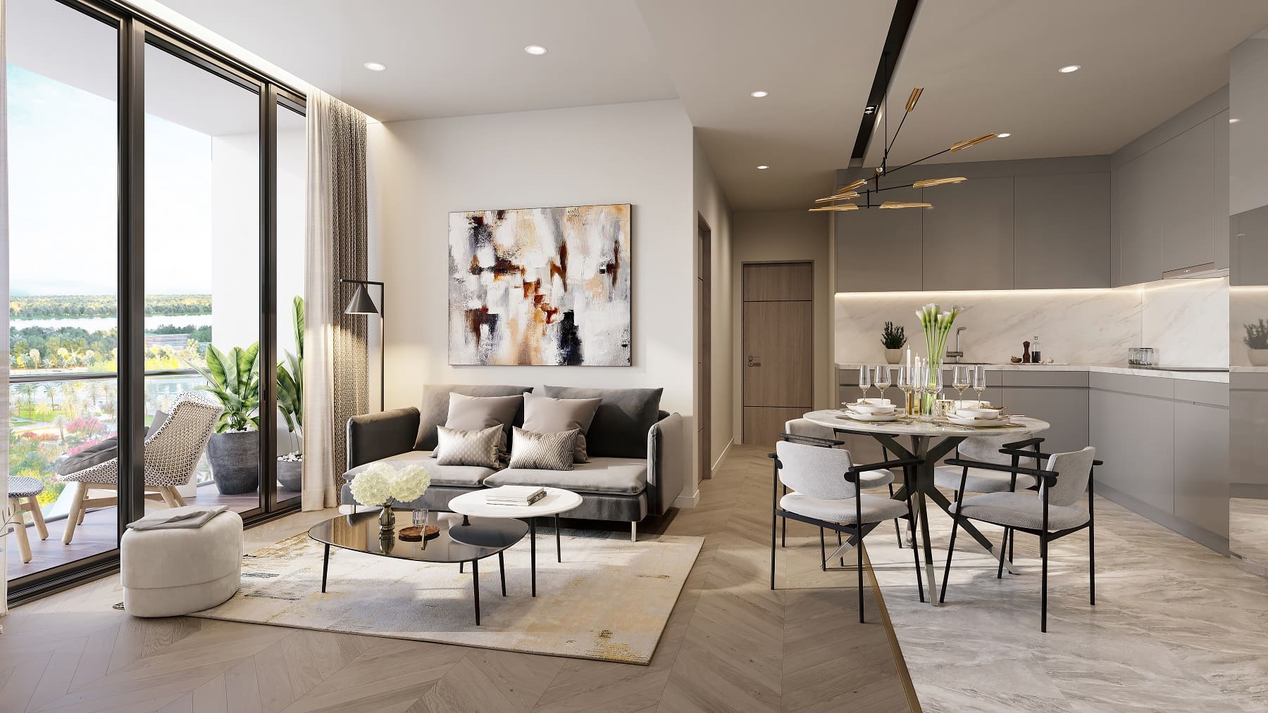 Nội thất phòng khách và bàn ăn căn hộ mẫu Gladia Heights