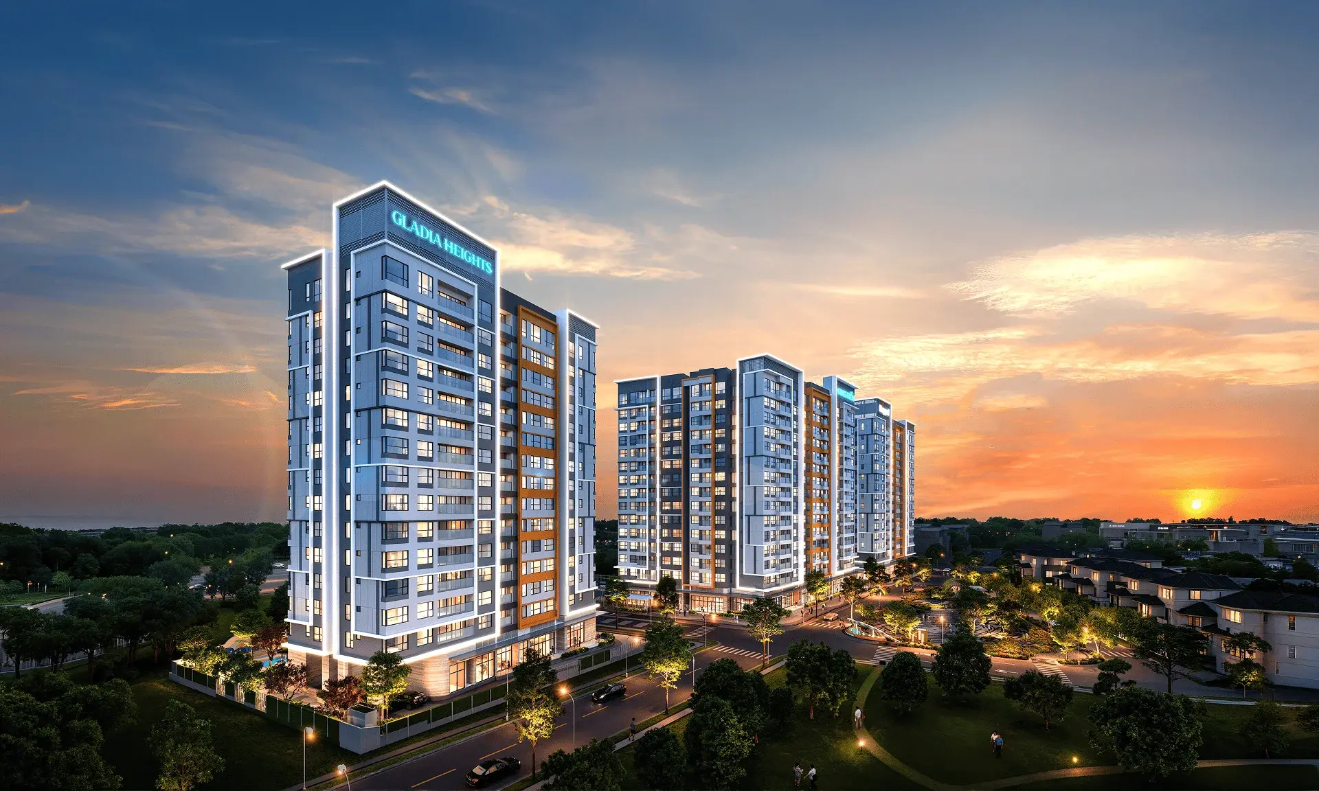 Phối cảnh tòa căn hộ Gladia Heights Khang Điền lúc hoàng hôn