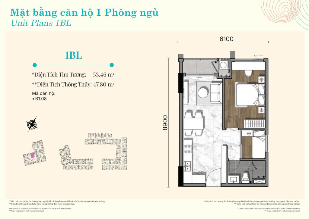 Mặt bằng căn hộ 1 phòng ngủ Gladia Heights