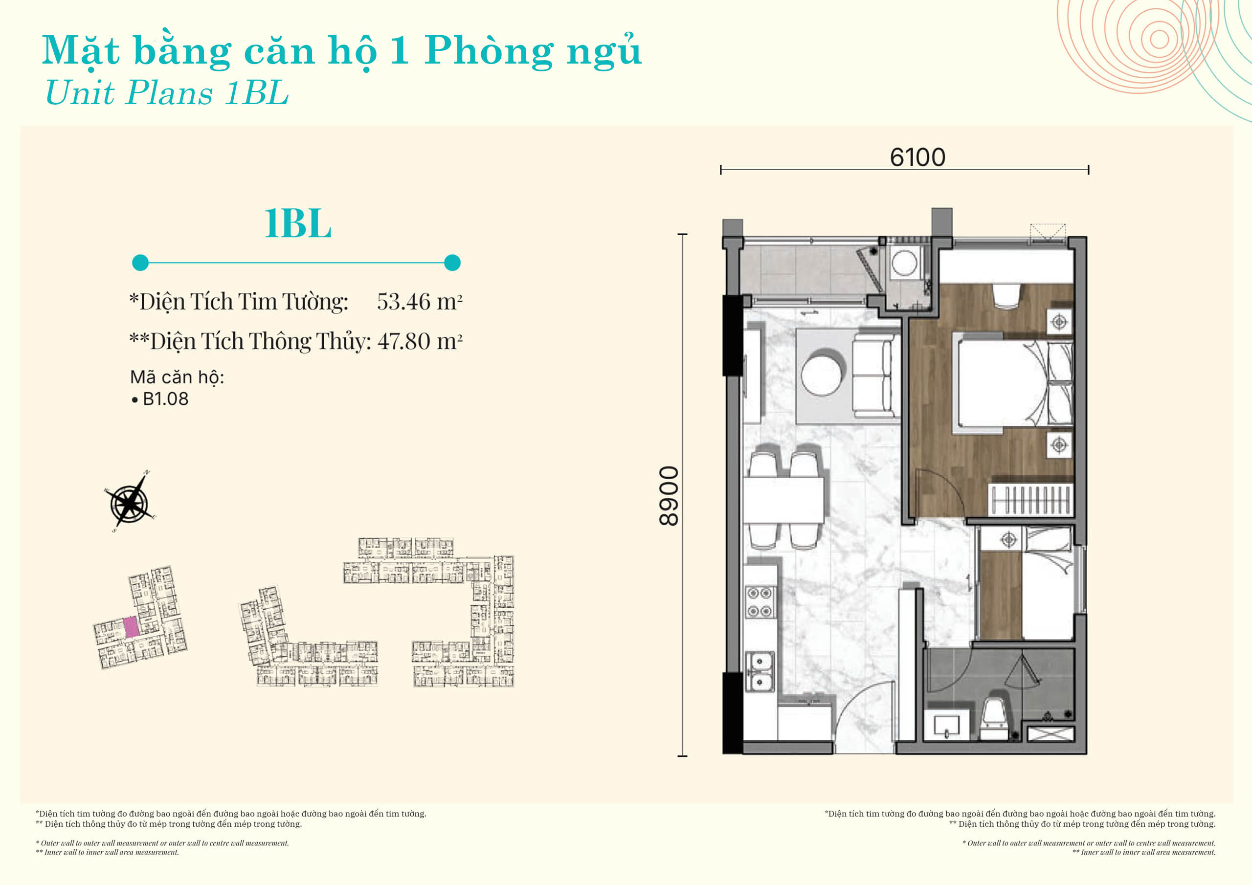 Mặt bằng căn hộ 1 phòng ngủ Gladia Heights layout 1BL diện tích 53,46 m²
