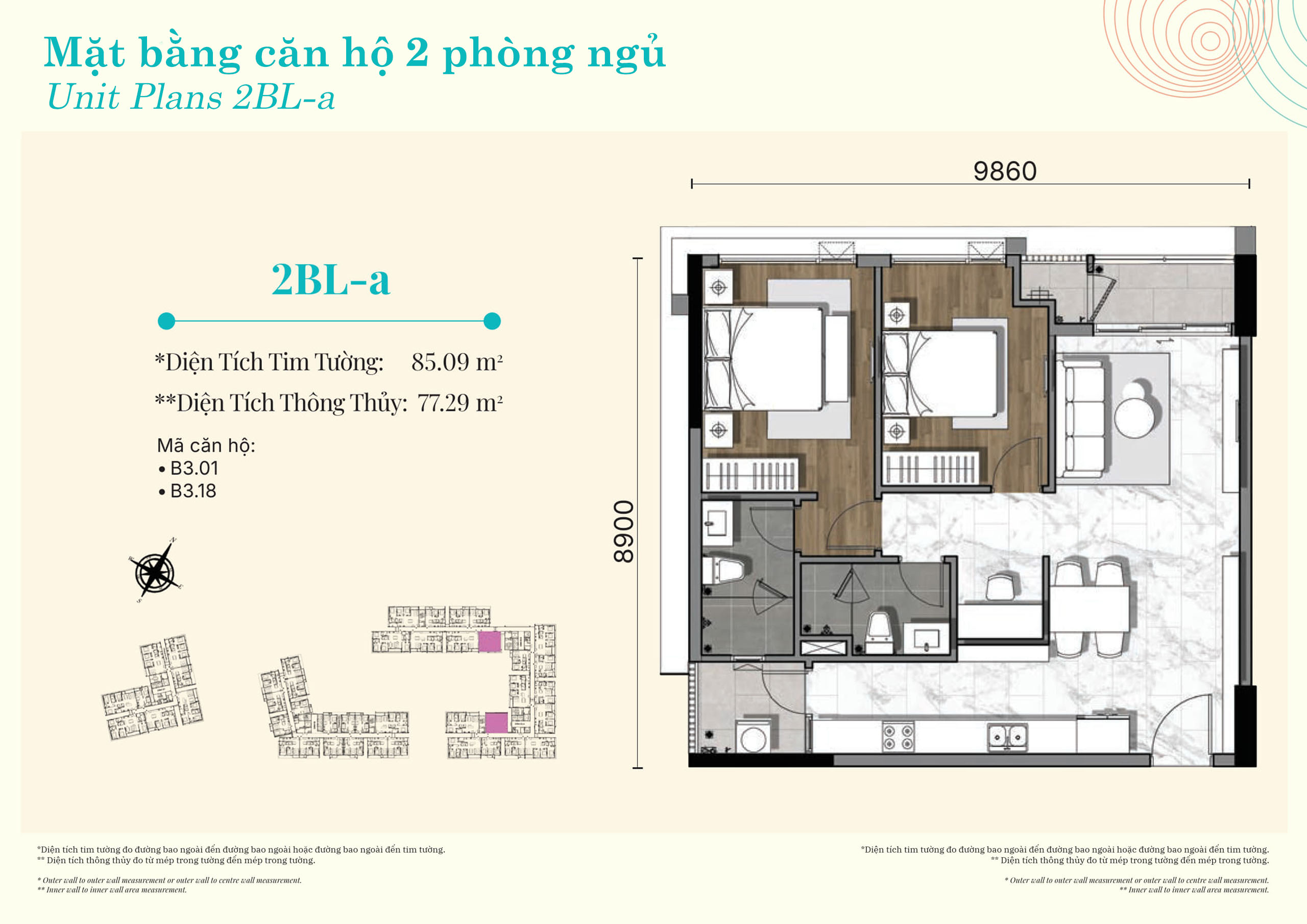 Mặt bằng căn hộ 2 phòng ngủ lớn Gladia Heights layout 2BL-a diện tích 85,09 m²