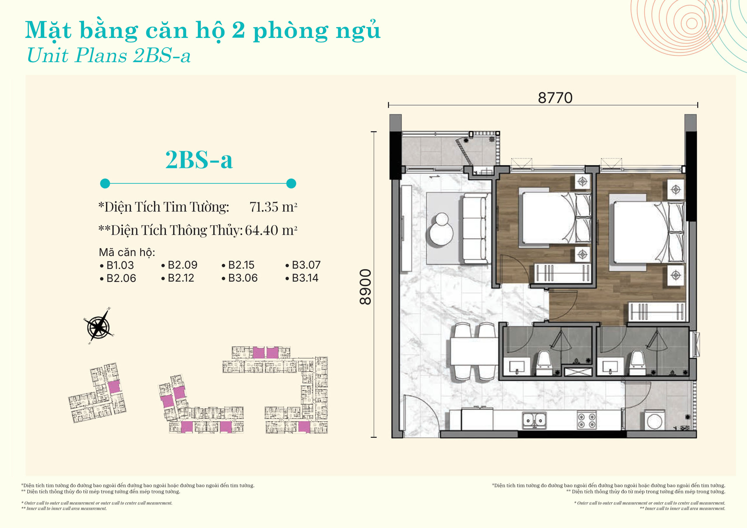 Mặt bằng căn hộ 2 phòng ngủ Gladia Heights layout 2BS-a diện tích 71,35 m²