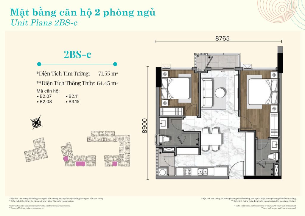 Mặt bằng căn hộ 2 phòng ngủ Gladia Heights