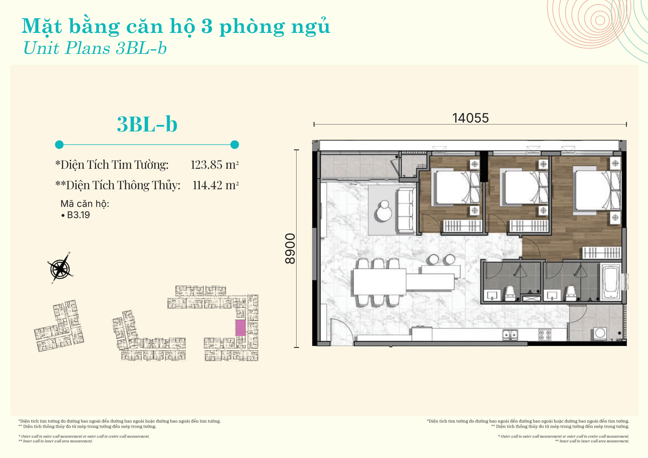 Mặt bằng căn hộ 3 phòng ngủ Gladia Heights layout 3BL-b diện tích 123,85 m²