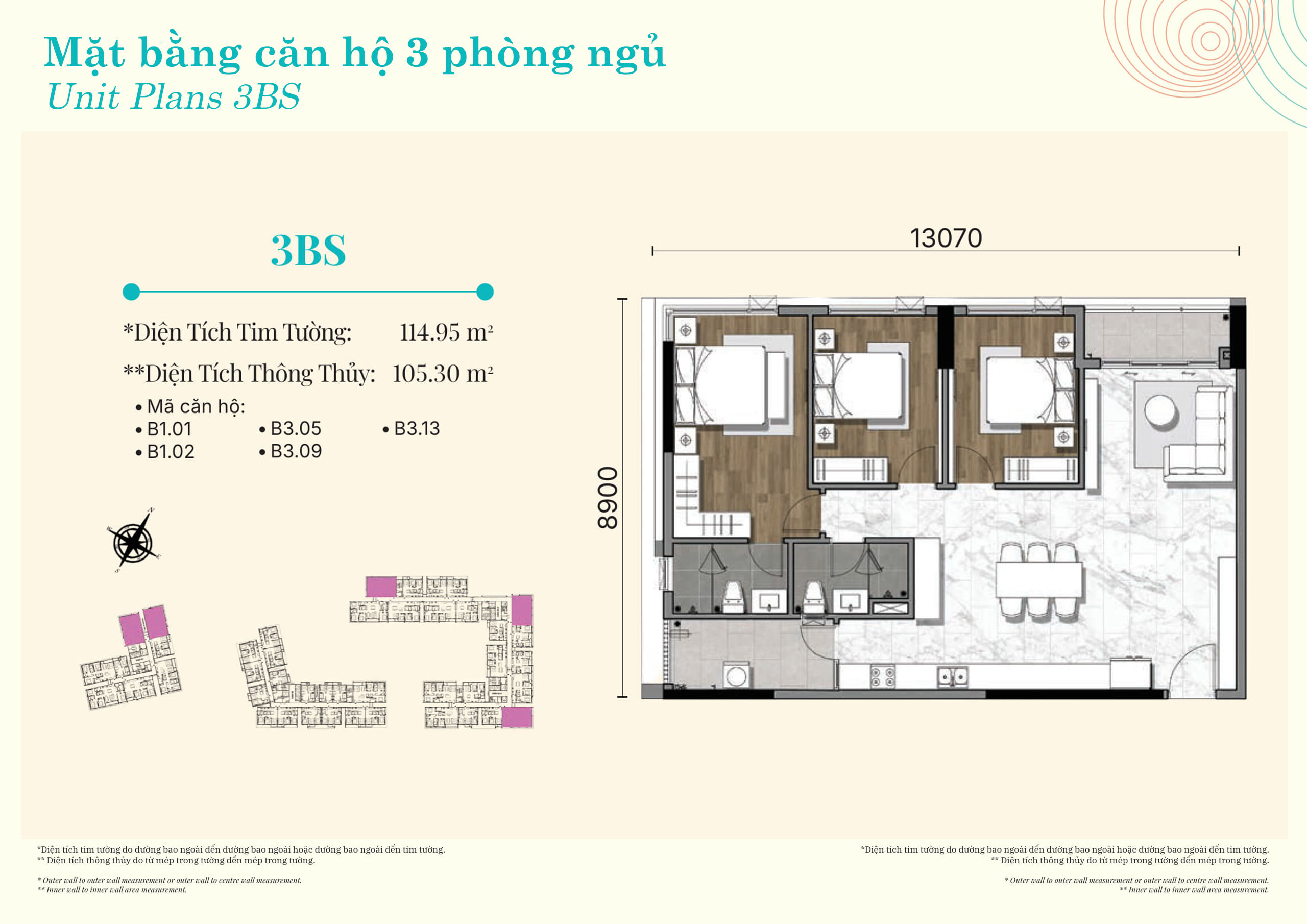 Mặt bằng căn hộ 3 phòng ngủ Gladia Heights layout 3BS diện tích 114,95 m²