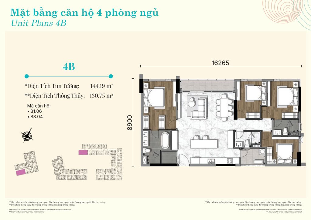 Mặt bằng căn hộ 4 phòng ngủ Gladia Heights